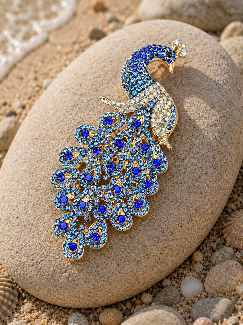 Blue Crystal Peacock Brooch - Elegant Womens Pin